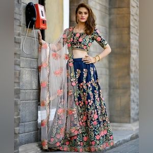 MW NAVY-BLUE RESHAM EMBROIDERED SILK UNSTITCHED LEHENGA WITH BLOUSE